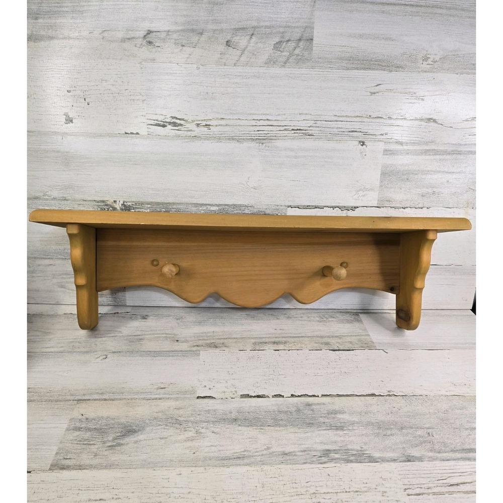 Vintage Rustic Pine Wood Wall Shelf with 2 Pegs Scalloped Edge Plate Rail 24in